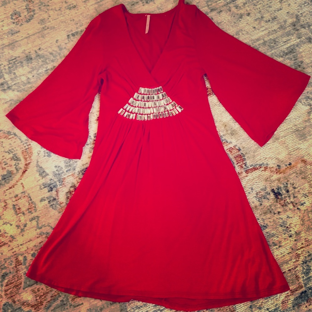 Red 3/4 bell sleeve dress with beading detail